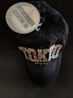 Robin Ruth Black Cap with Multicolor Floral Embroidered 'TOKYO